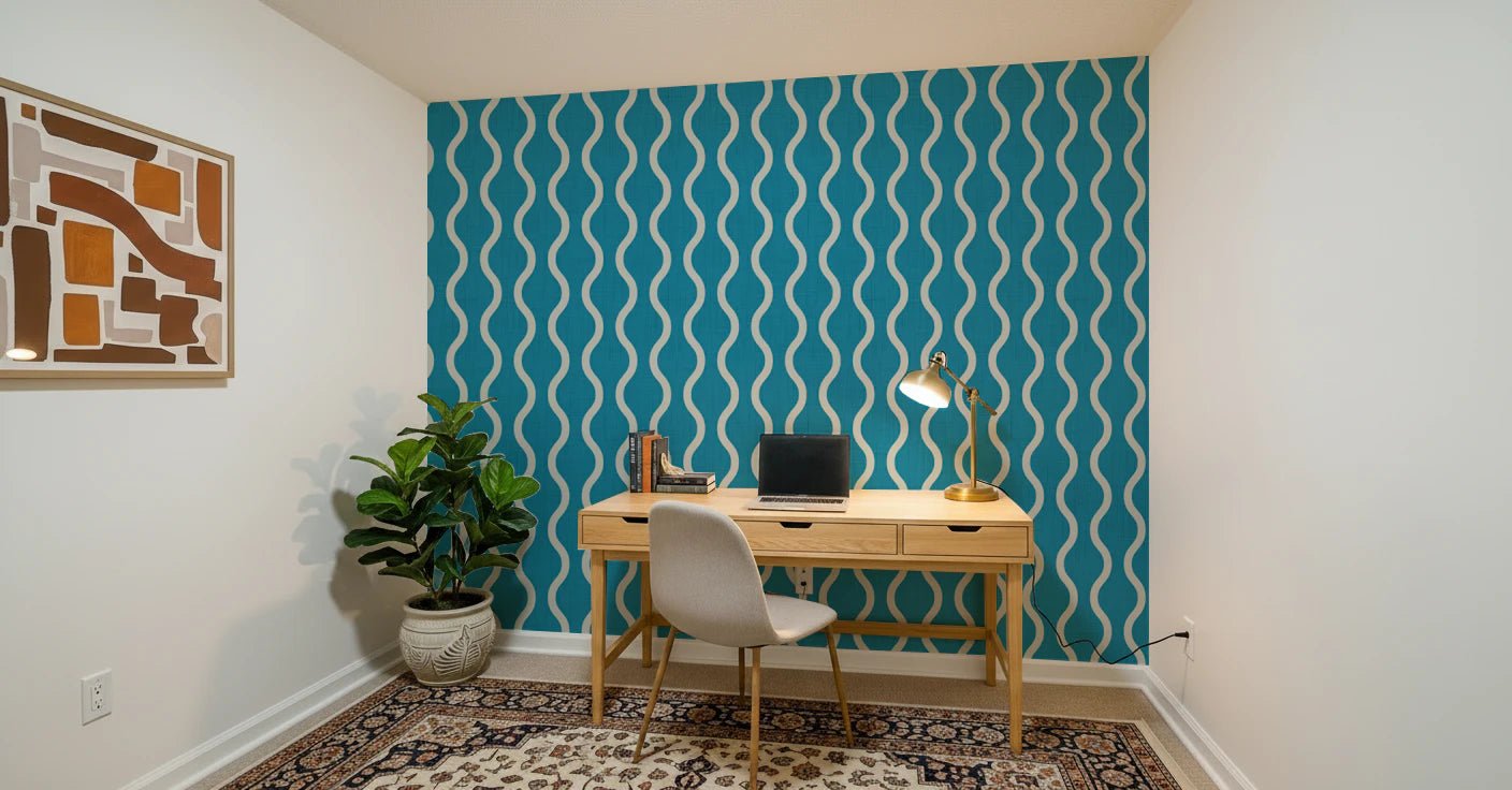 Office room with Nordic Teal Stripe Wallpaper and cream wave pattern, GD8525