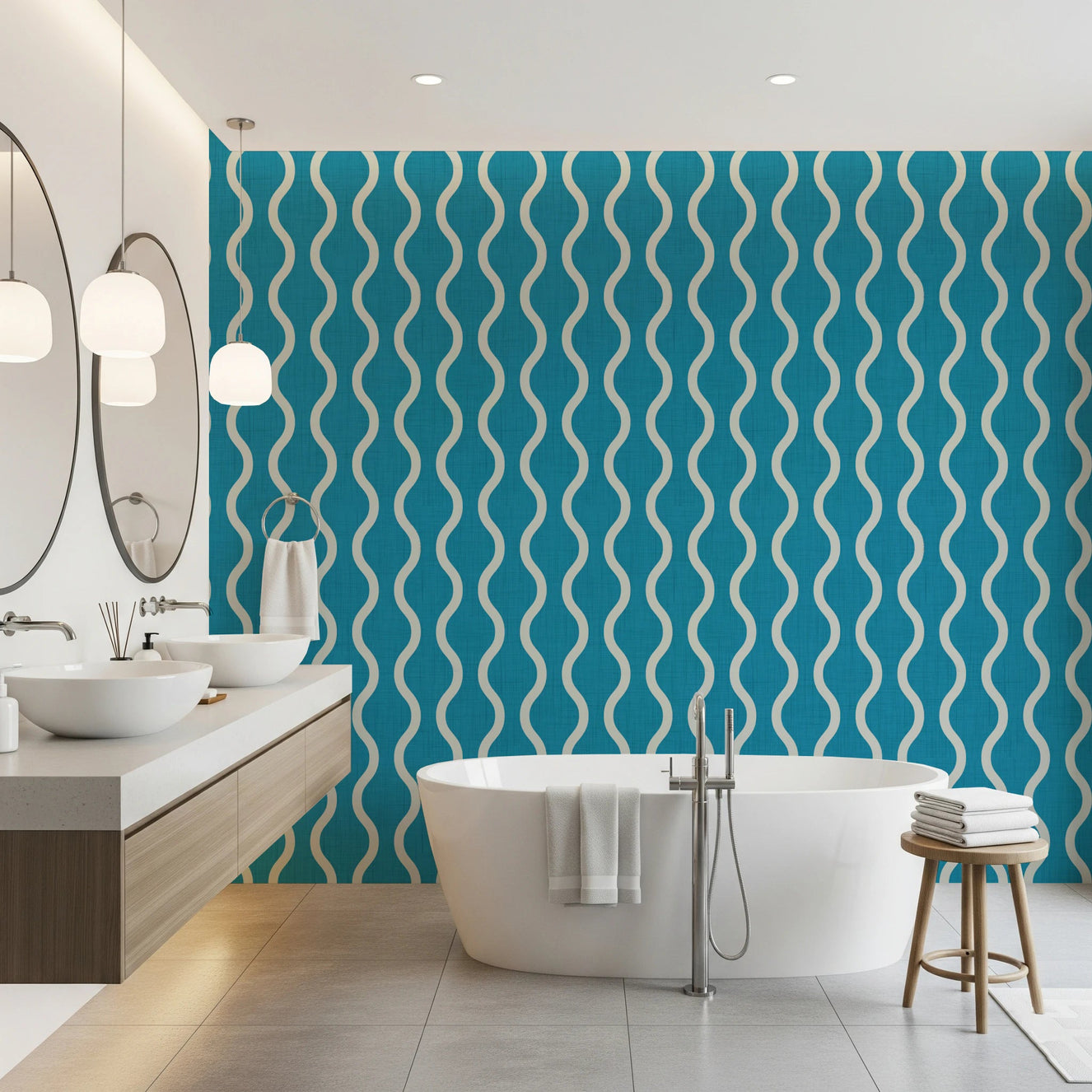 Bathroom with Wavy Stripe Nordic Teal Wallpaper in soft Scandi style