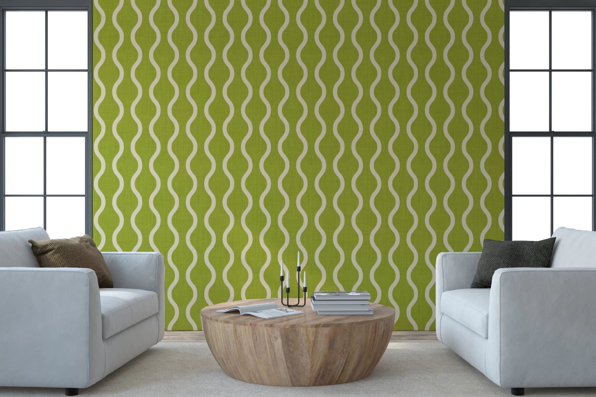 Living room with Wavy Stripe Olive Chartreuse Wallpaper in soft Scandi style, GD8527