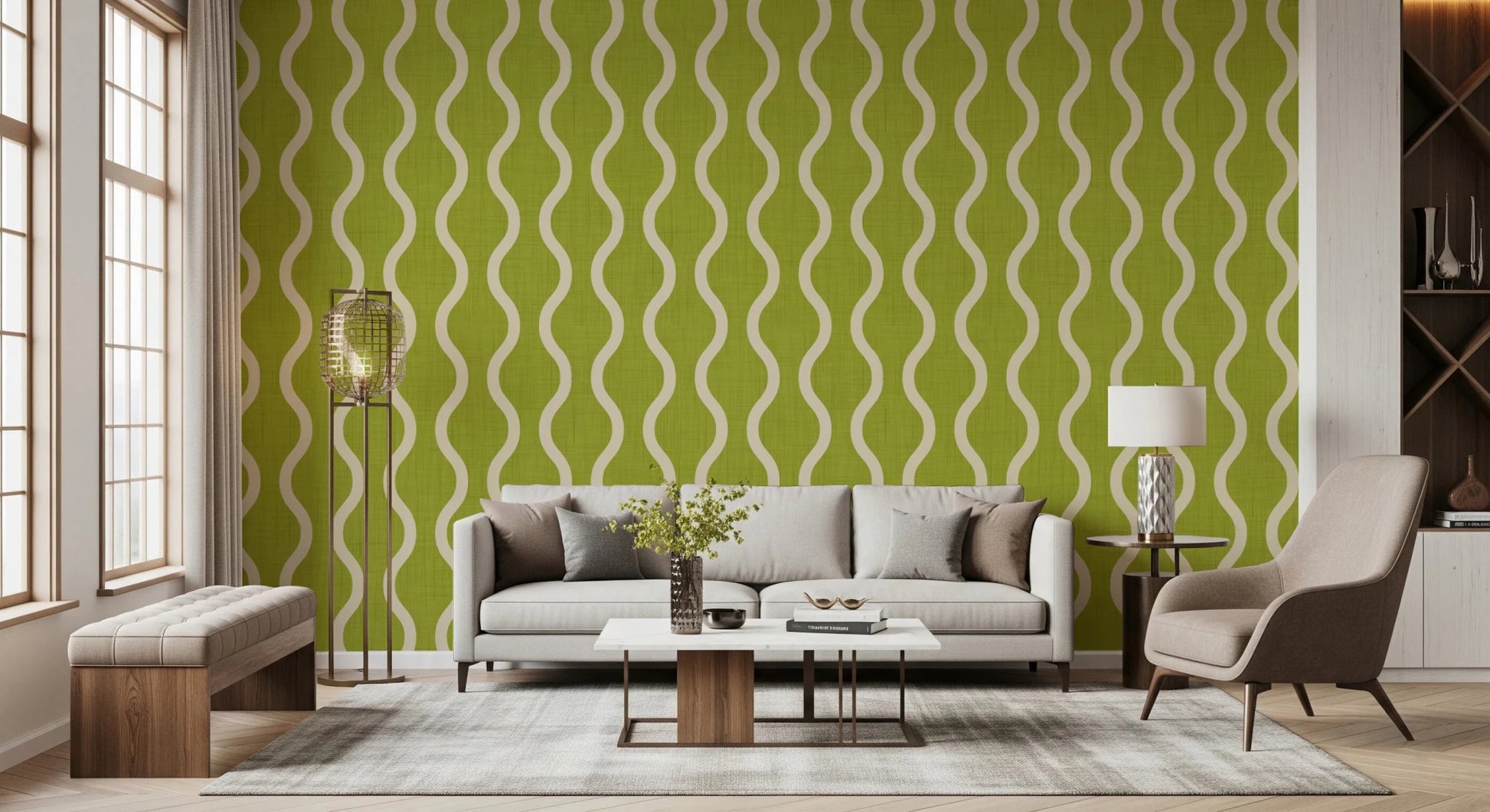 Living room with Olive Chartreuse Stripe Wallpaper and cream wave lines, GD8527