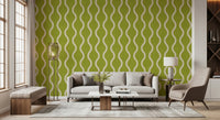 Living room with Olive Chartreuse Stripe Wallpaper and cream wave lines, GD8527