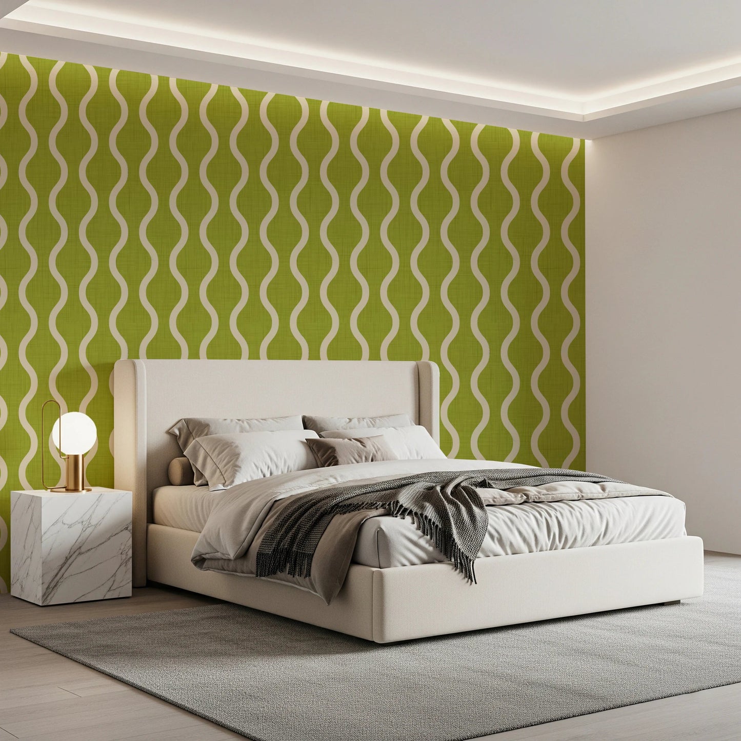 Curved cream bands on Wavy Stripe Wallpaper over chartreuse textured base, GD8527