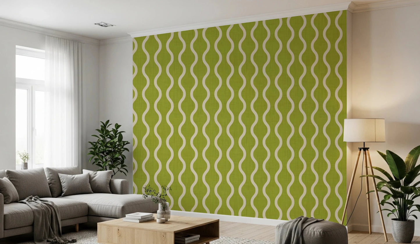 Scandinavian wave pattern in Scandi Folk Wallpaper with lively green base, GD8527