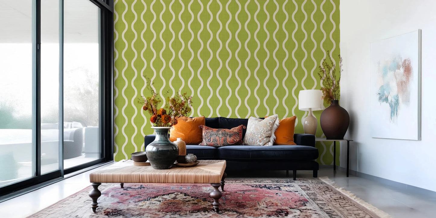 Hallway featuring Scandi Folk Wavy Wallpaper in bright olive green tone, GD8527