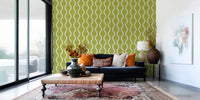 Hallway featuring Scandi Folk Wavy Wallpaper in bright olive green tone, GD8527