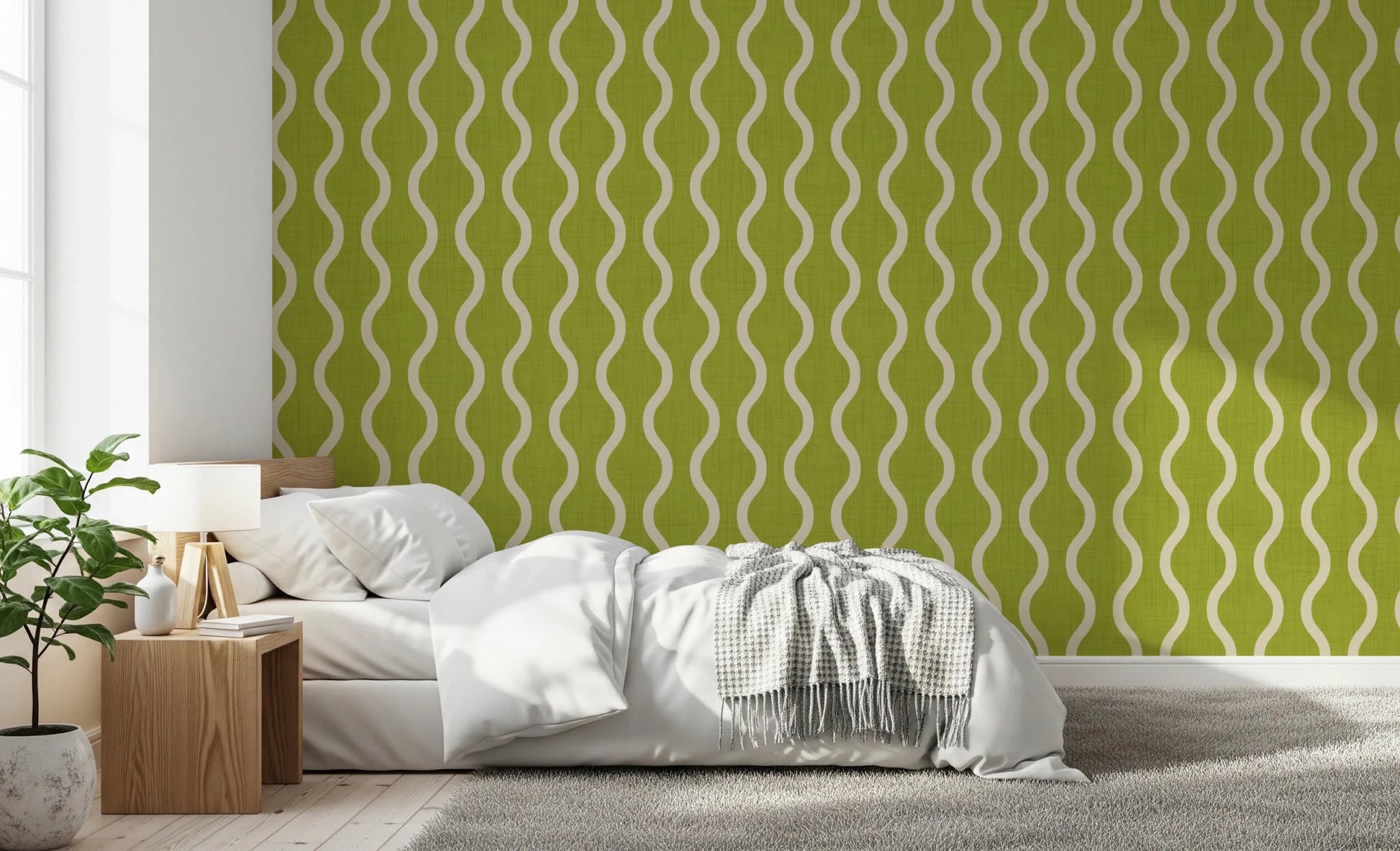 Bright green wall in Craft Stripe Wallpaper with soft woven finish, GD8527