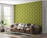 Hallway styled using Craft Stripe Chartreuse Wallpaper with flowing curves, GD8527