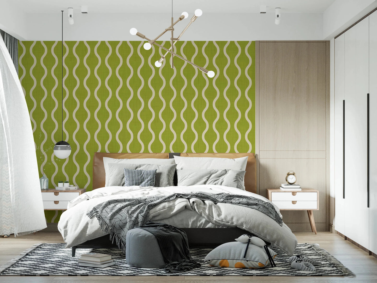 Soft graphic movement on Olive Chartreuse Wallpaper with cream detailing, GD8527
