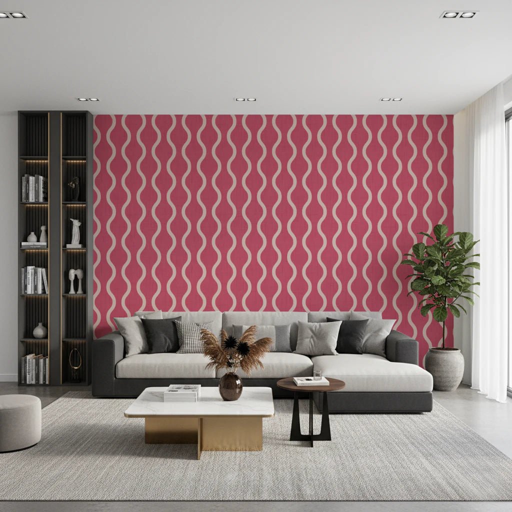 Scandi Folk Wavy living room Wallpaper featuring curved cream stripes on rosy base, GD8528