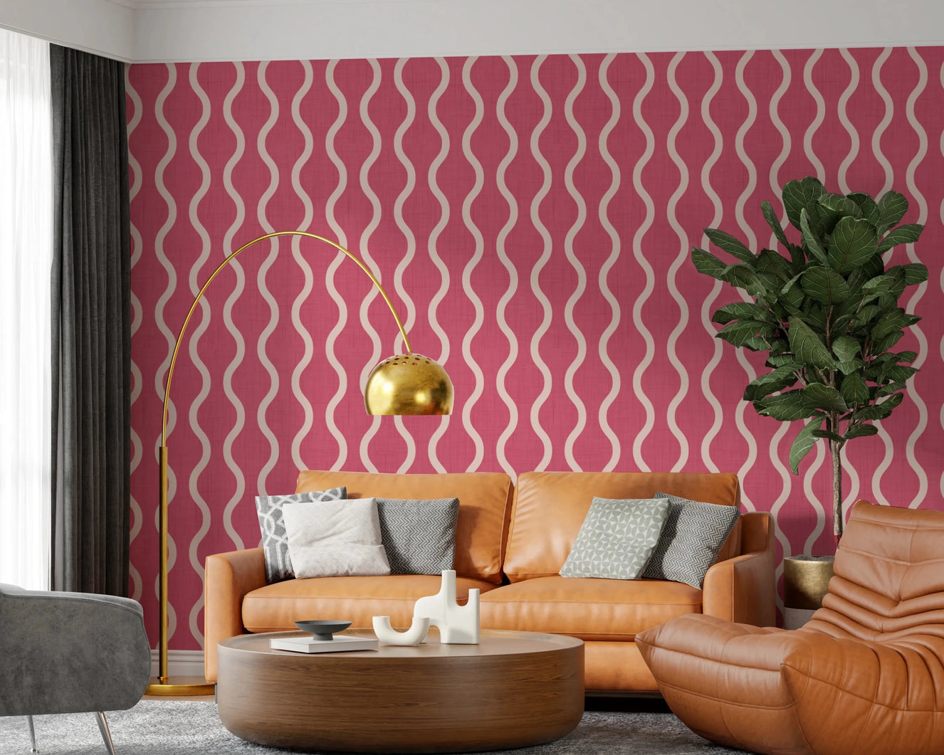 Wavy Stripe Rose Clay hallway Wallpaper with soft cream curves and woven texture