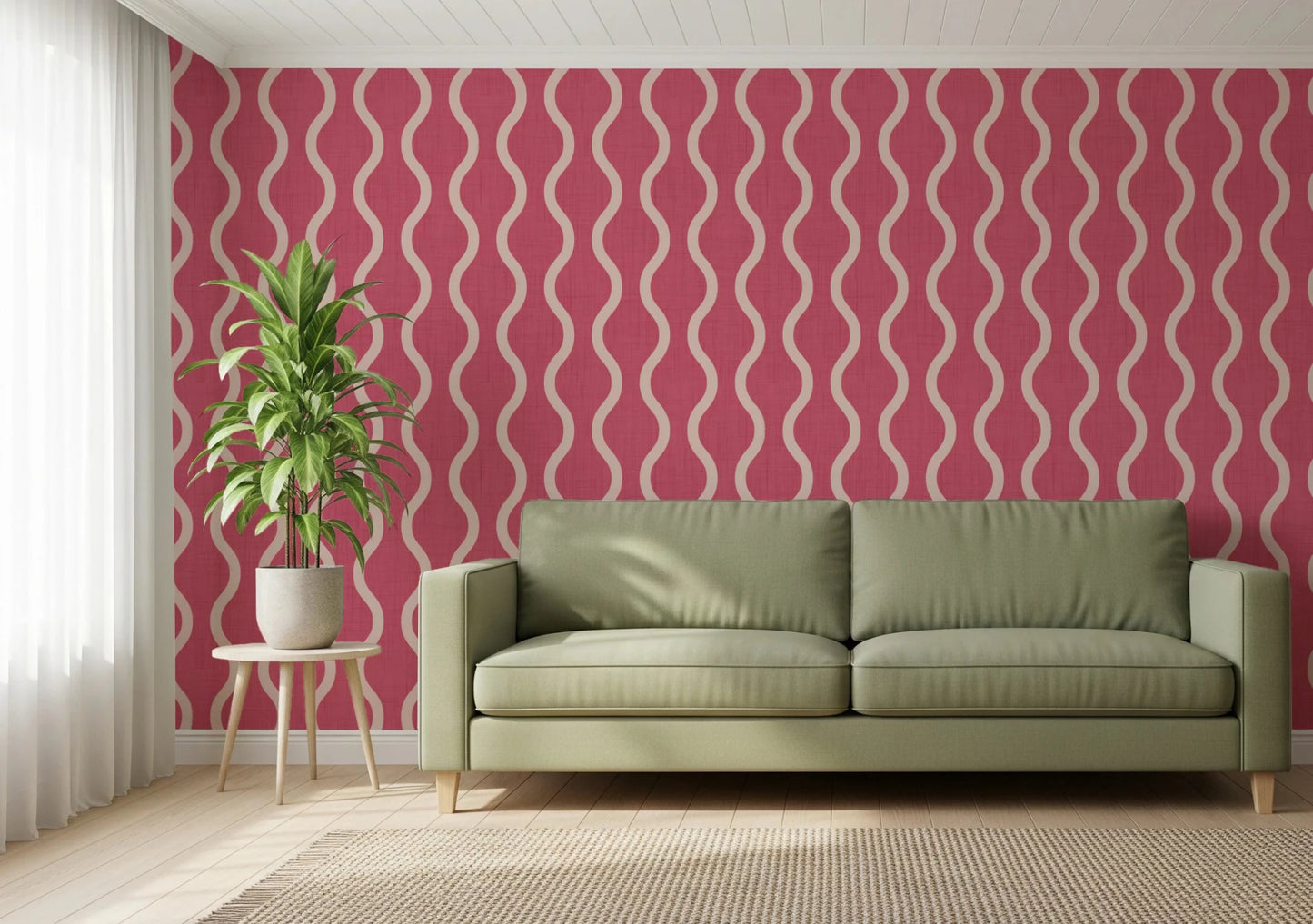 Cream wave design over Wavy Stripe Rose Clay Wallpaper with soft contrast, GD8528