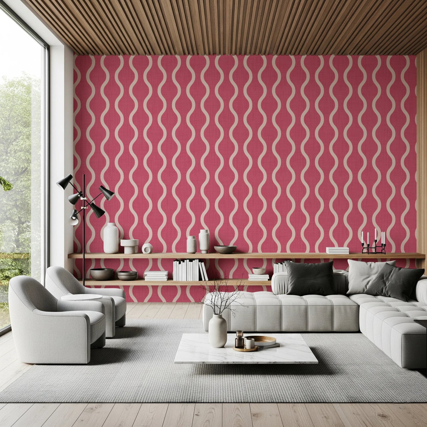 Flowing cream bands across Wavy Stripe Wallpaper in muted rose clay, GD8528