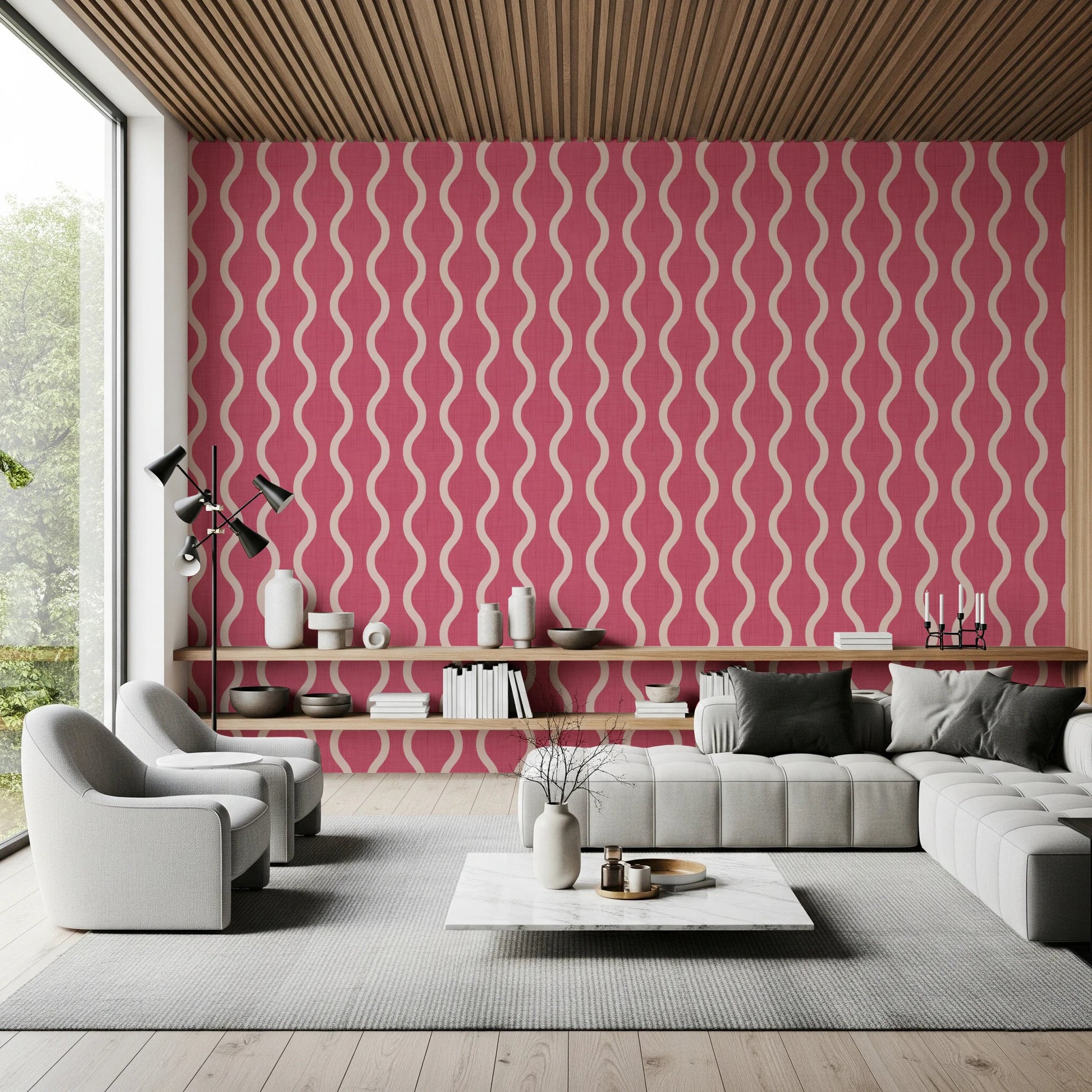 Flowing cream bands across Wavy Stripe Wallpaper in muted rose clay, GD8528