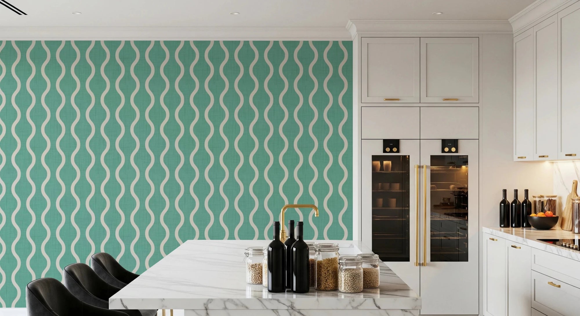 Kitchen area with Wavy Stripe Sage Mint Wallpaper in soft Scandi style, GD8530