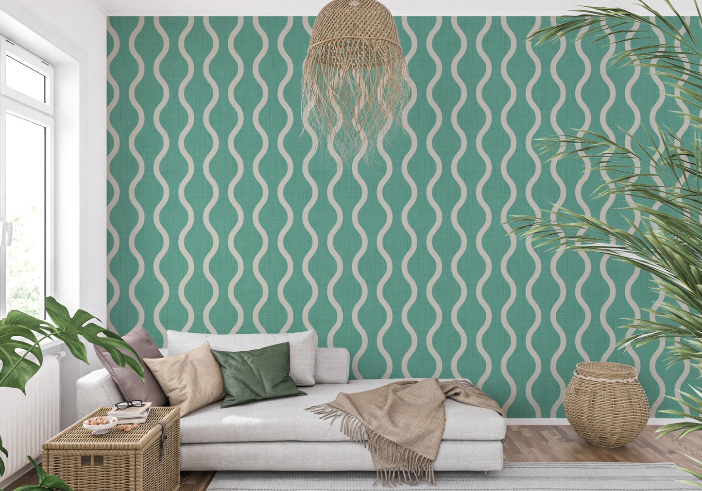 Cozy Scandi Folk Wavy Stripe Sage Mint - Craft Stripe Wallpaper⁠