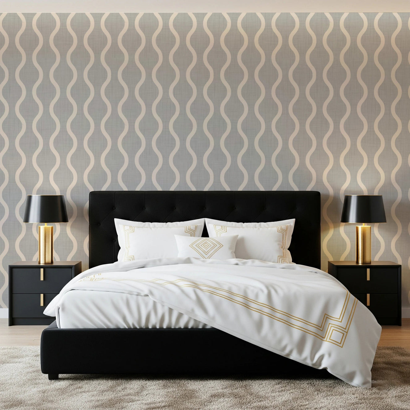 Neutral wall finished in Craft Stripe Wallpaper with subtle woven detail