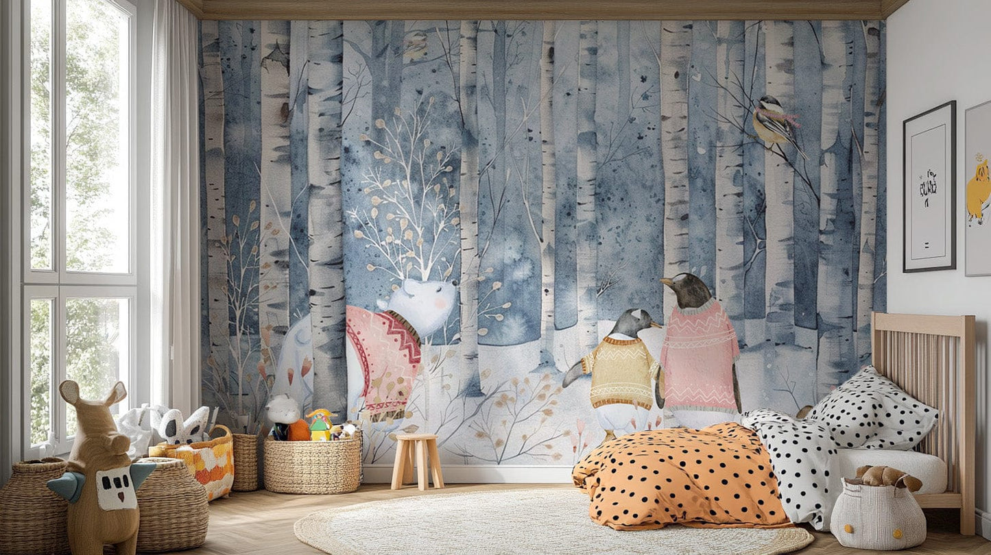 Adorable animals in snowy forest mural

