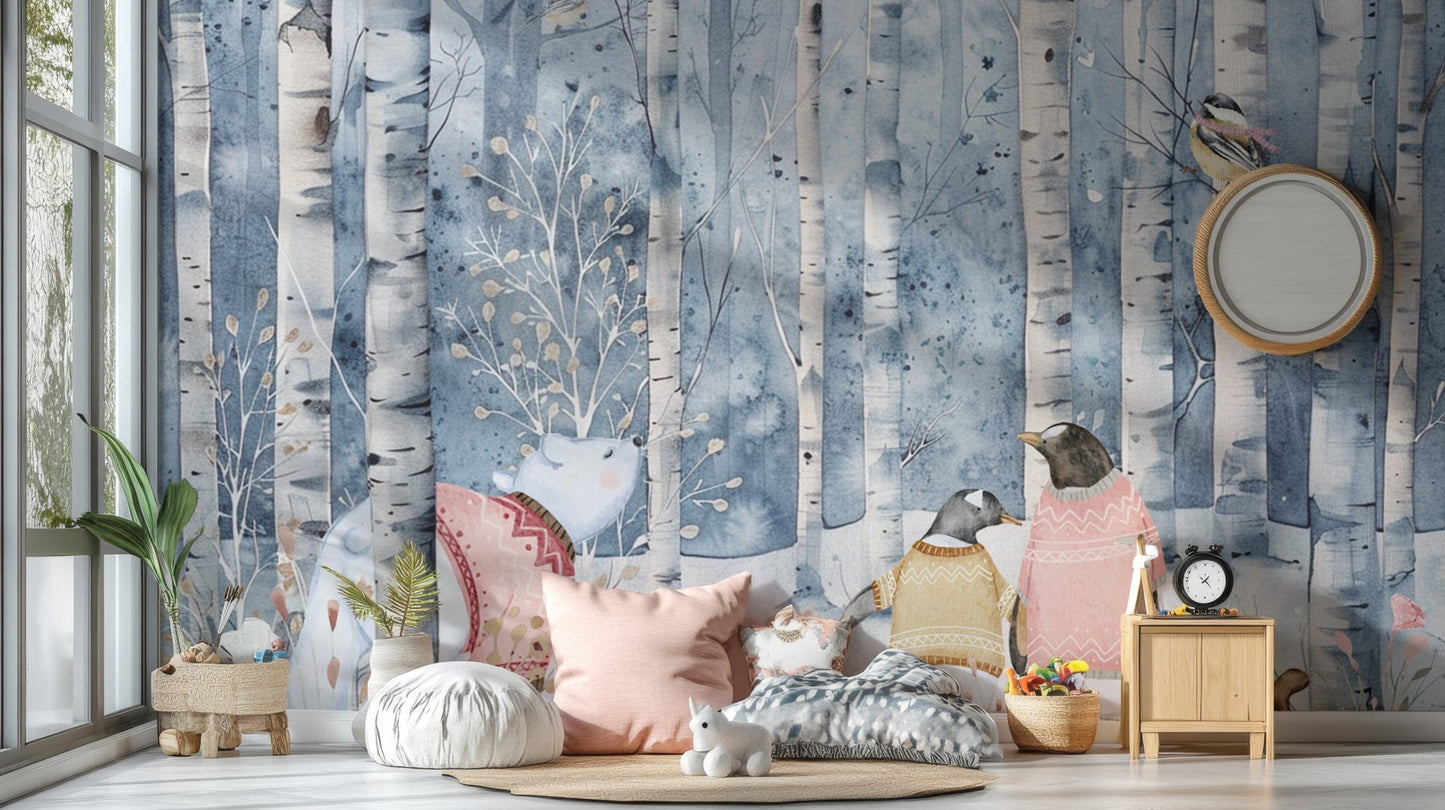 Polar bear and penguins nursery wallpaper
