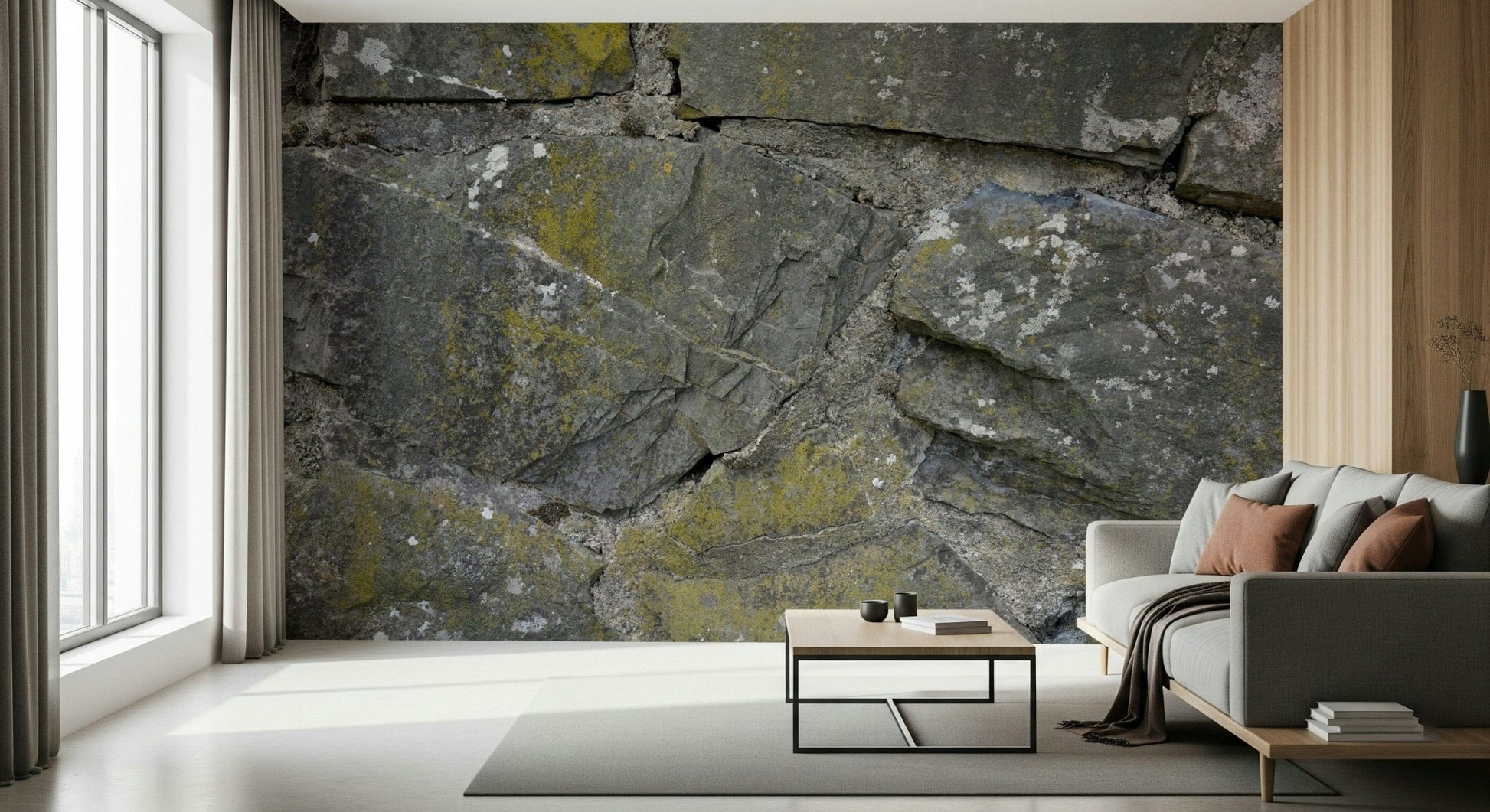 Angled view of a textured stone wallpaper mural.