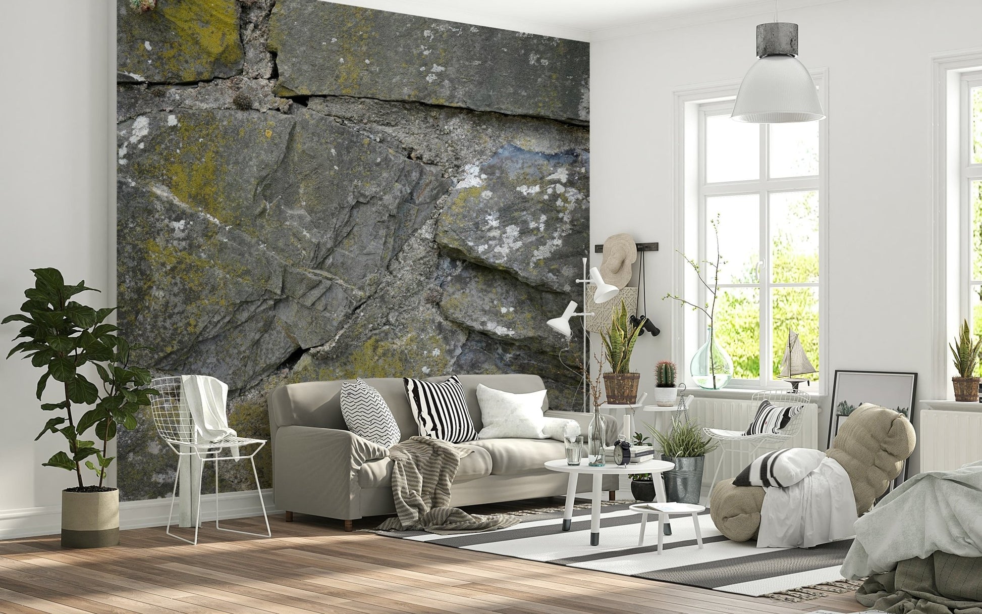 Wallpaper mural featuring dramatic cracked stone texture.