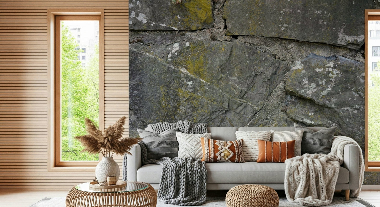 Living room featuring a bold stone texture wallpaper.