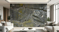 Bathroom wall with textured gray stone mural.
