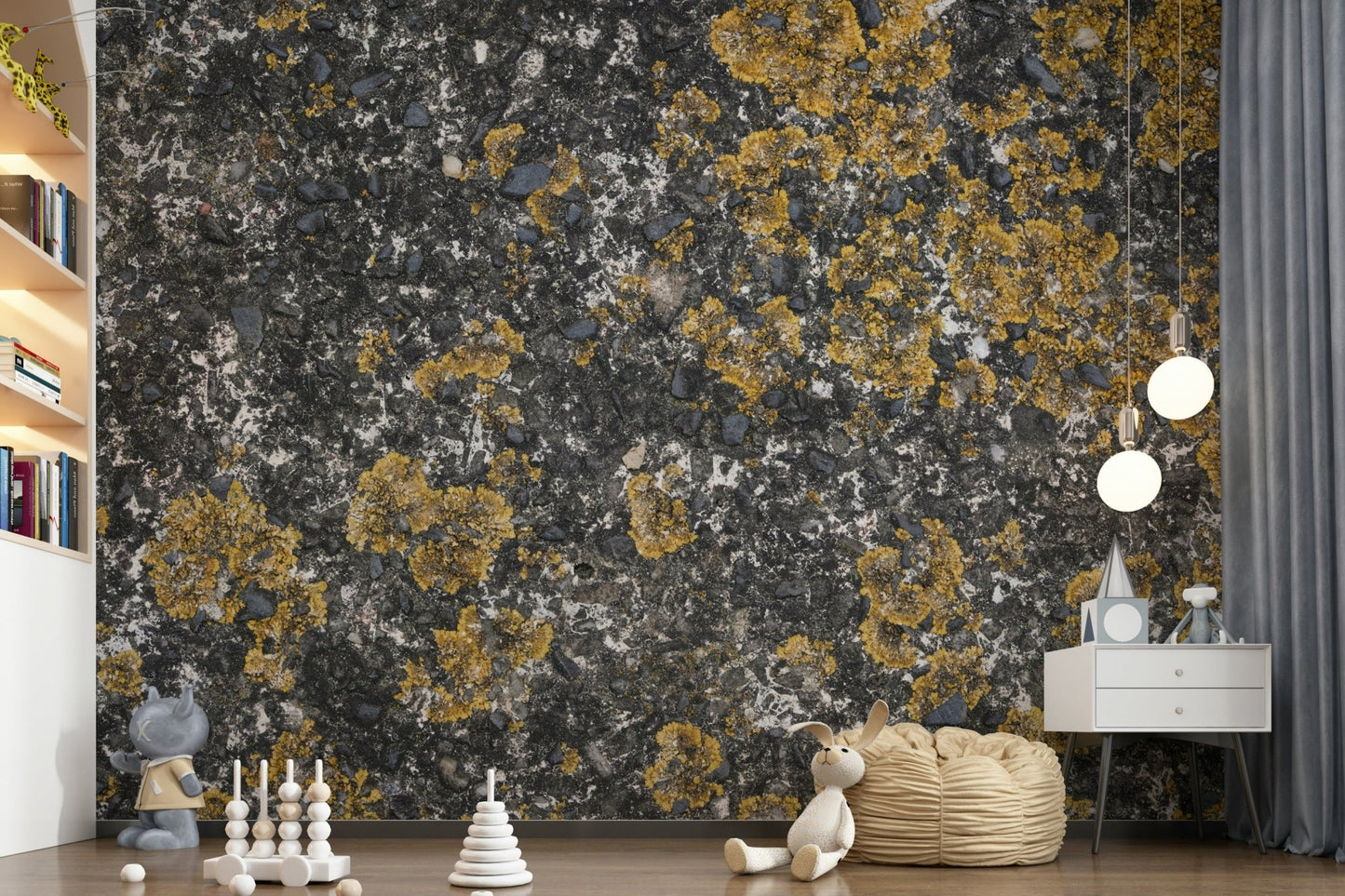 Industrial kitchen with faux cracked stone peel and stick wallpaper.