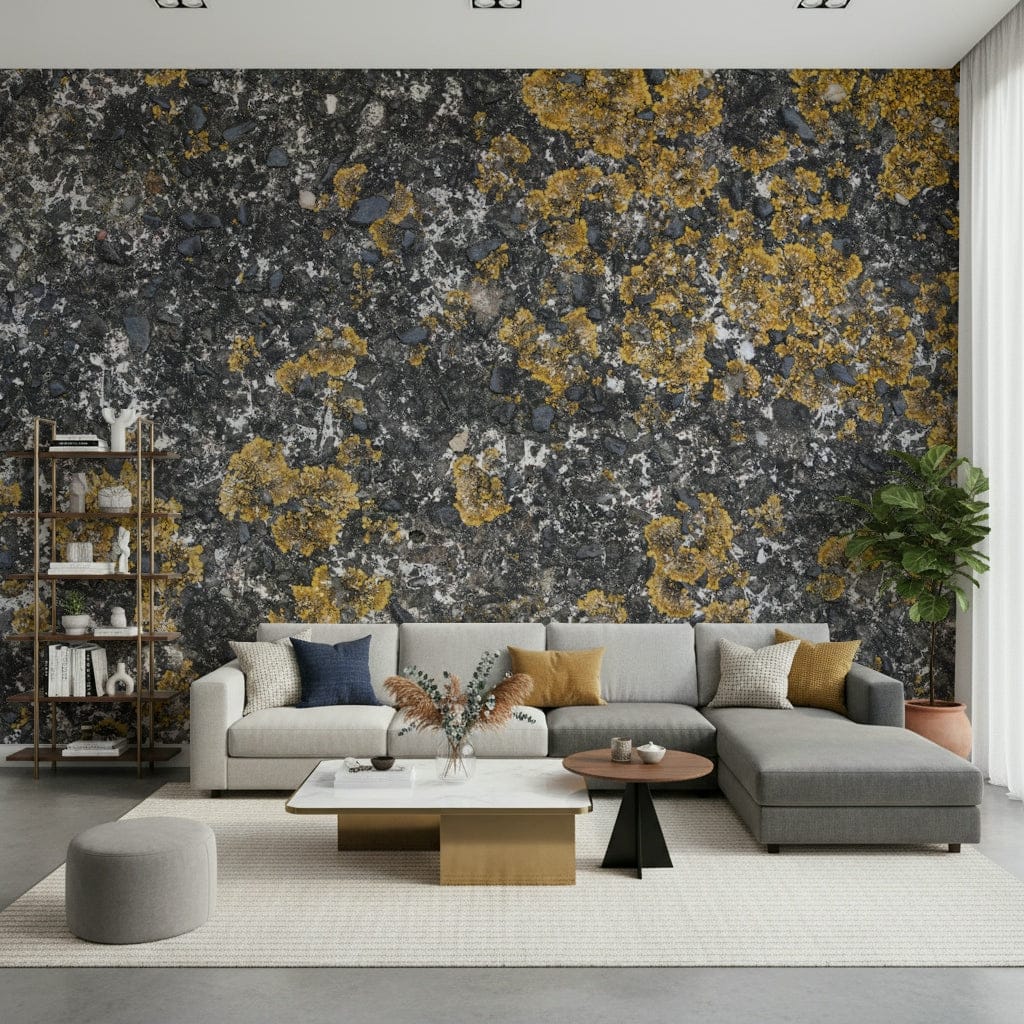 Full living room with textured stone wallpaper mural.