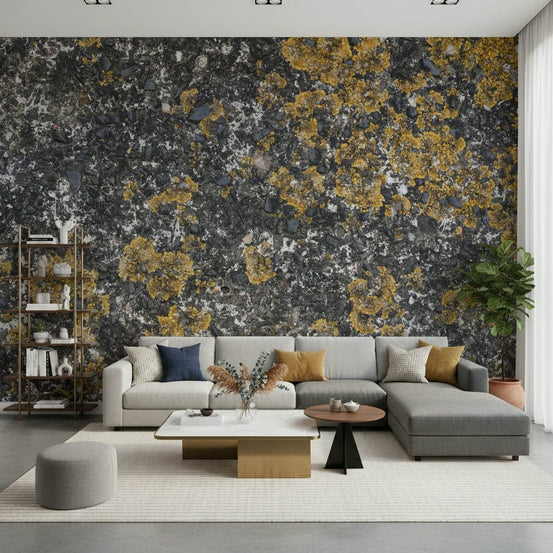 Full living room with textured stone wallpaper mural., GD6073
