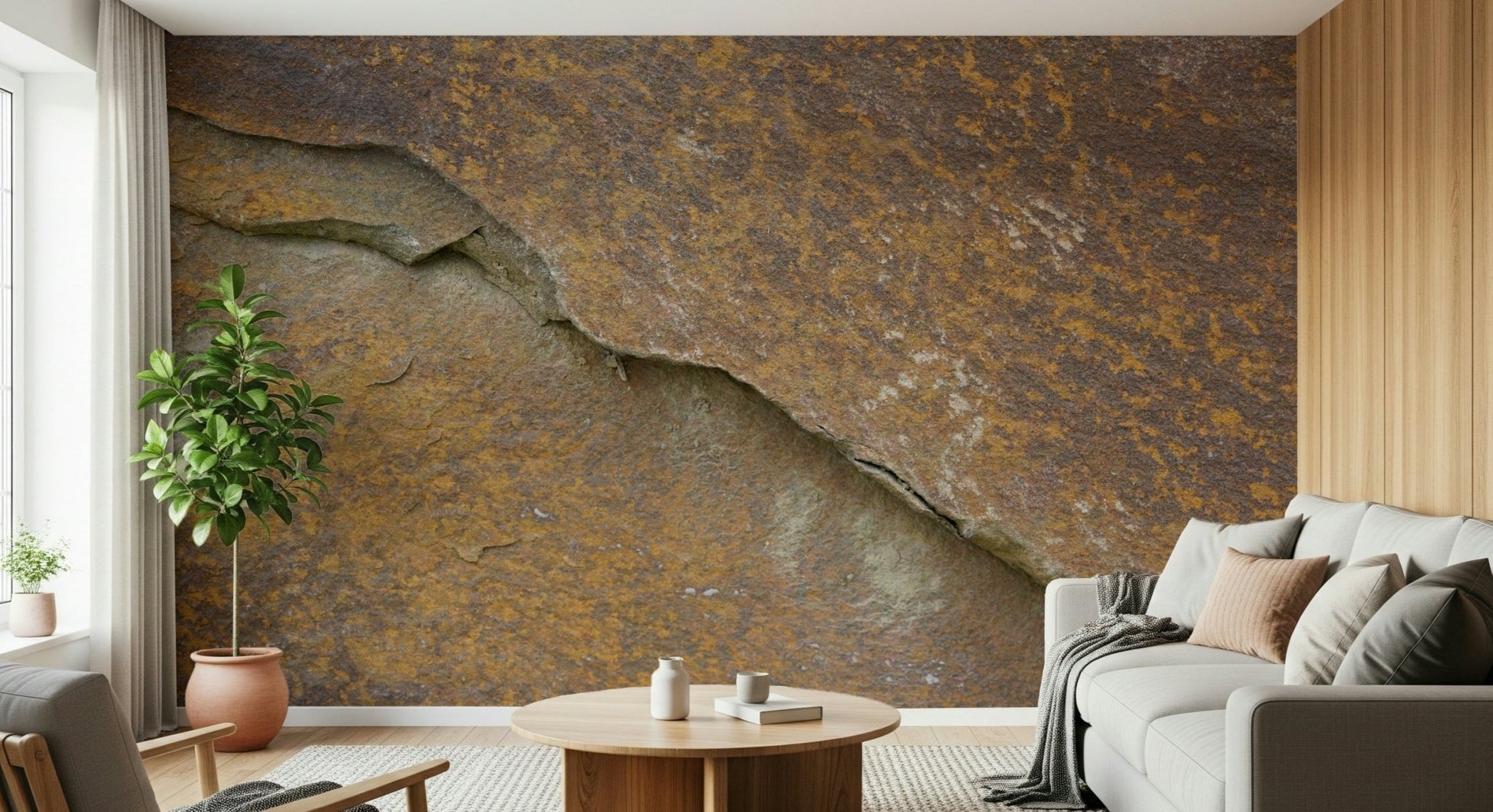 Close-up of the Cracked Stone wallpaper's earthy texture., GD6059