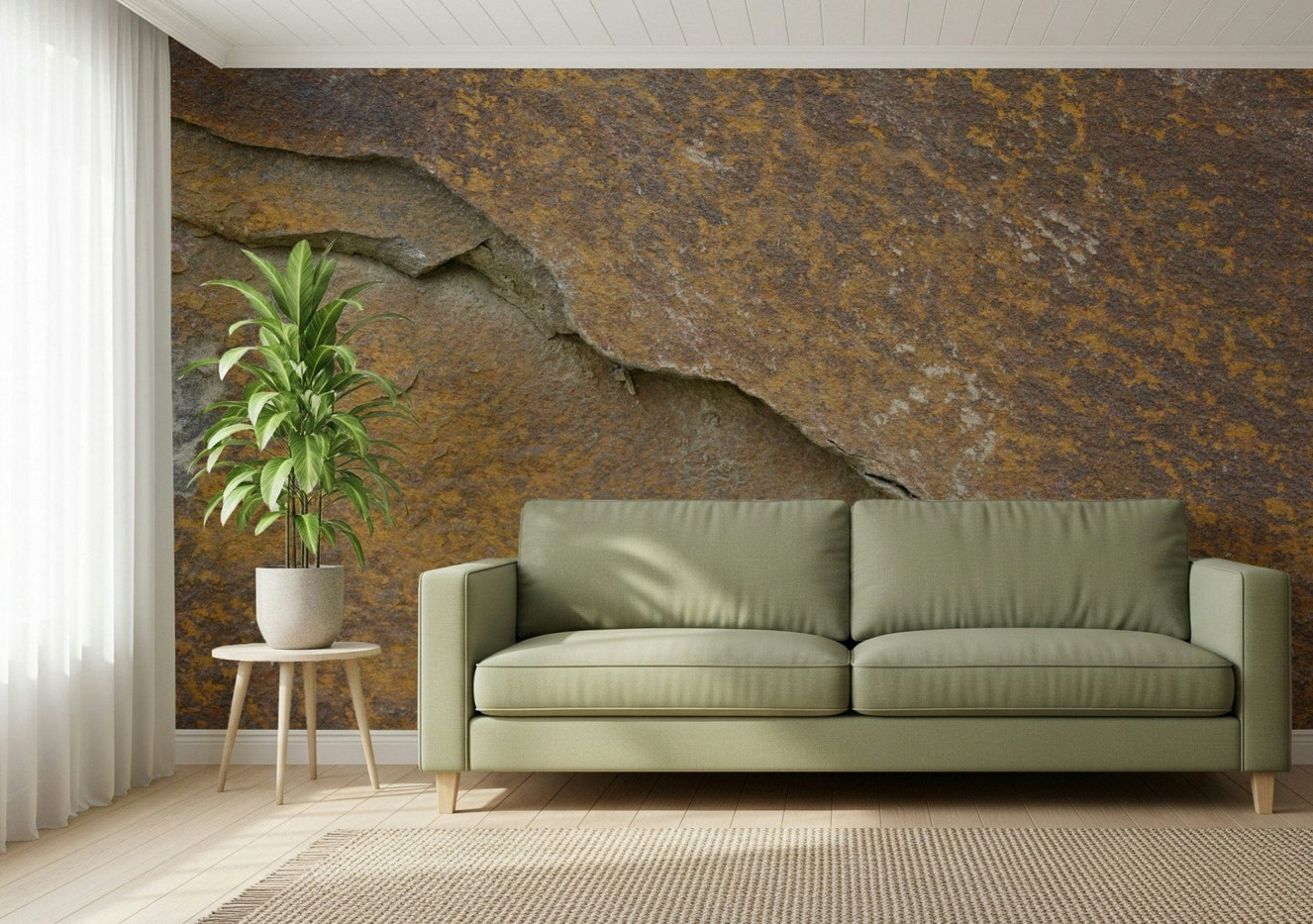 Cracked Stone wall mural in a modern living room.