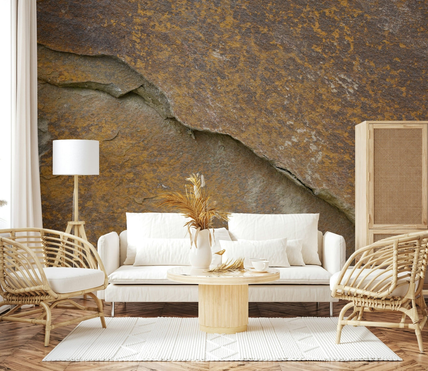 Minimalist office featuring a Cracked Stone wall mural., GD6059