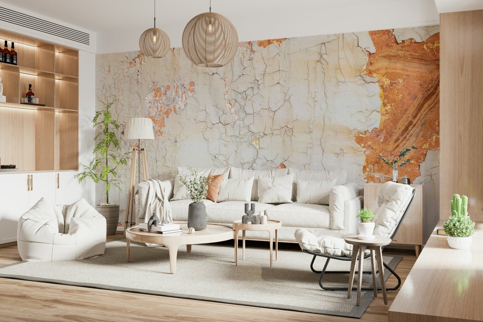 Bedroom with Cracked Texture mural behind a gray headboard.