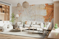 Bedroom with Cracked Texture mural behind a gray headboard.