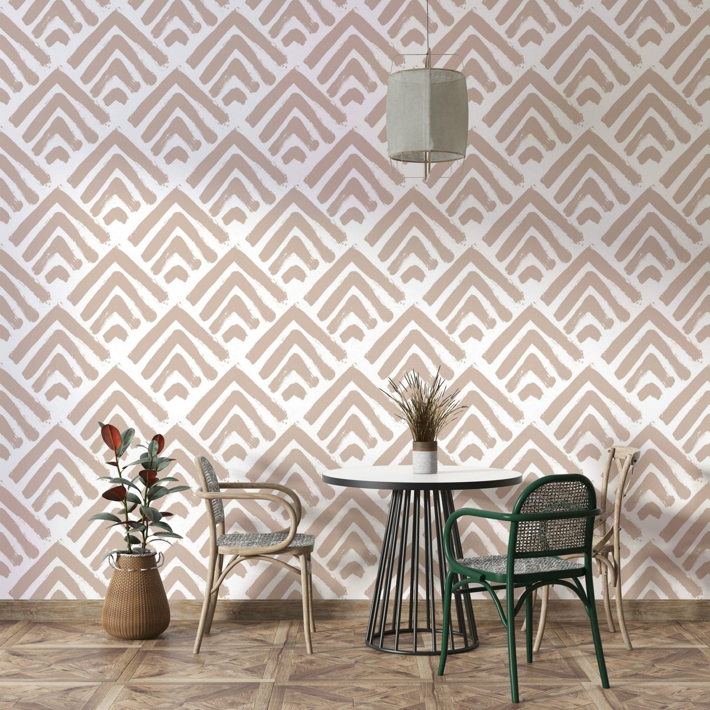Cramy painted ornament wallpaper on a living room wall

