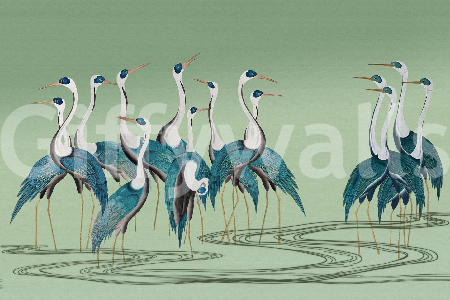Crane Chorus wallpaper in a sunlit room paired with indoor green plants.
