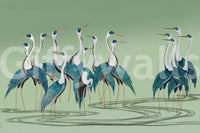 Crane Chorus wallpaper in a sunlit room paired with indoor green plants.
