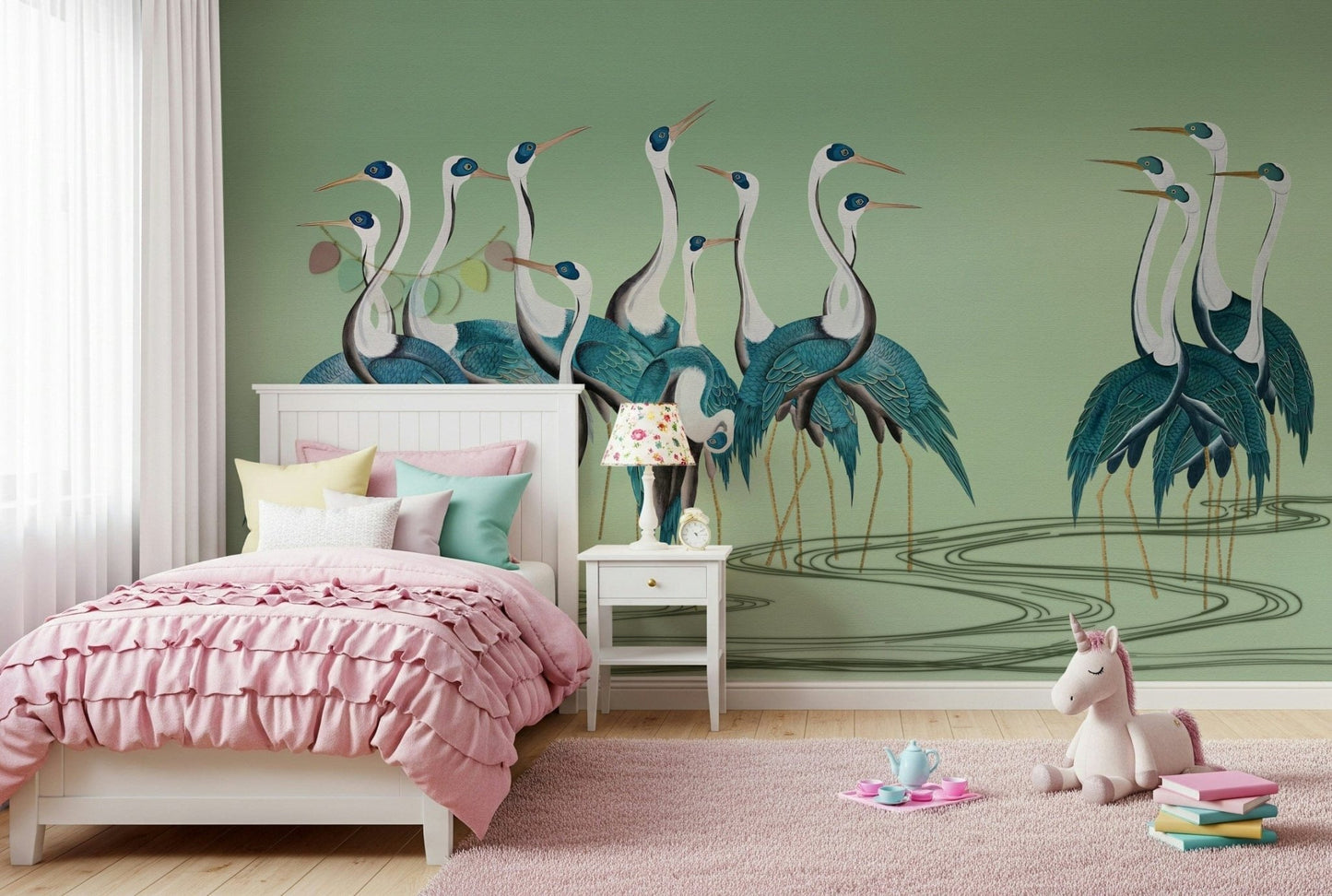 Artistic Crane Chorus wall mural in a quiet study area with books.