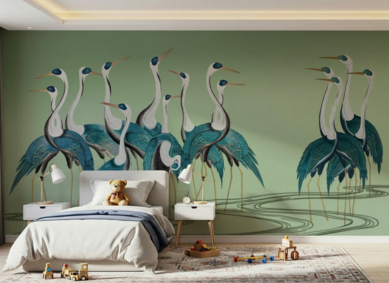 Minimalist bedroom featuring Crane Chorus wallpaper on a large feature wall., GD7609