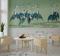 Traditional dining space decorated with Crane Chorus wallpaper in soft tones.