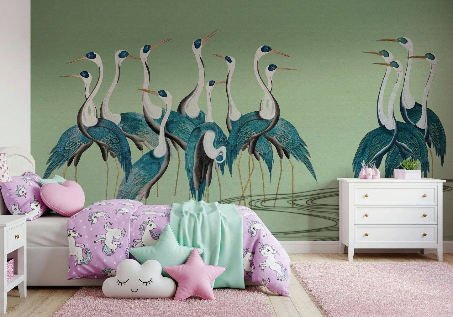 Crane Chorus wallpaper in a nursery with pastel-coloured décor elements.