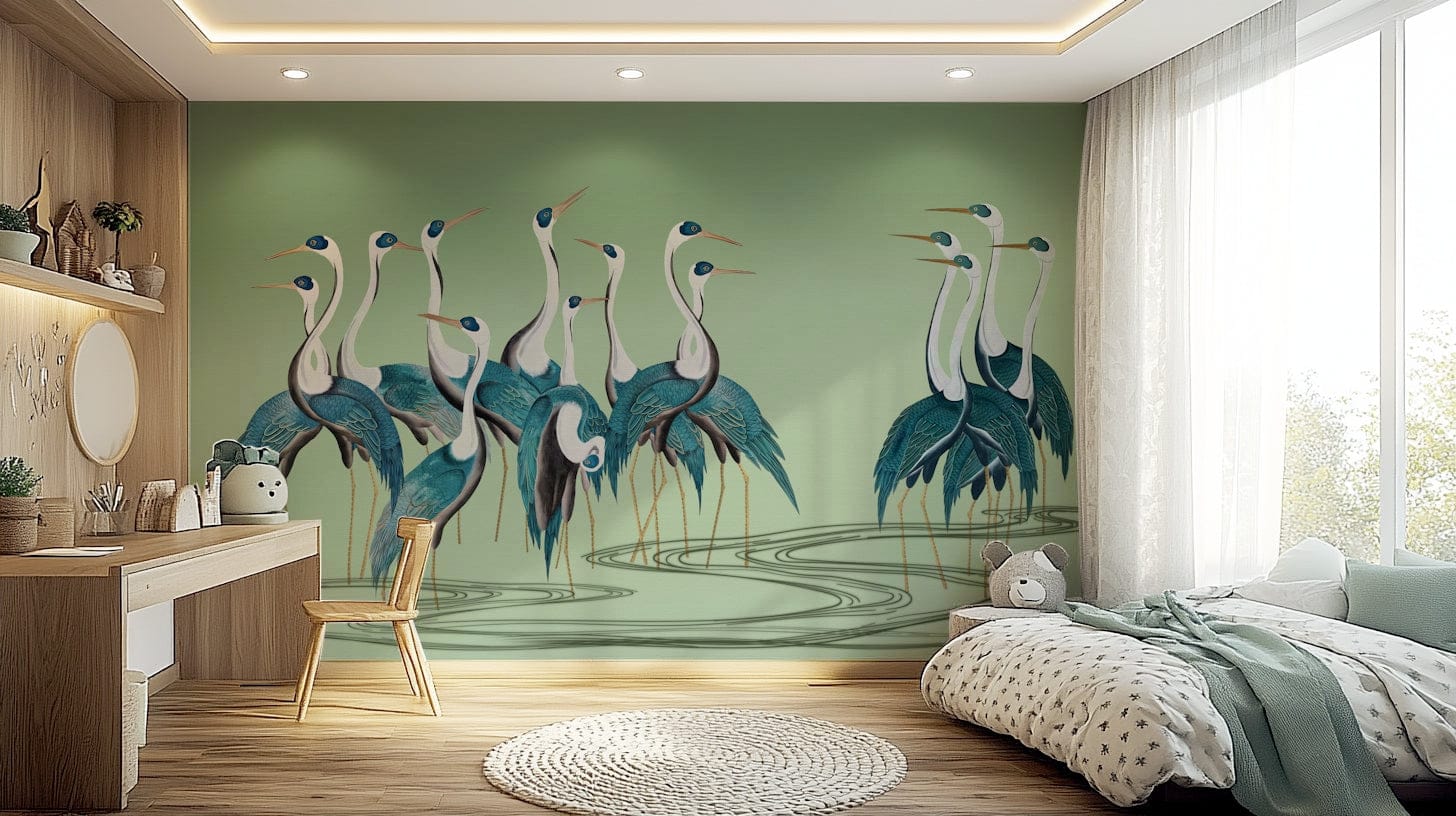 Crane Chorus wall mural in a guest room with simple white bedding.