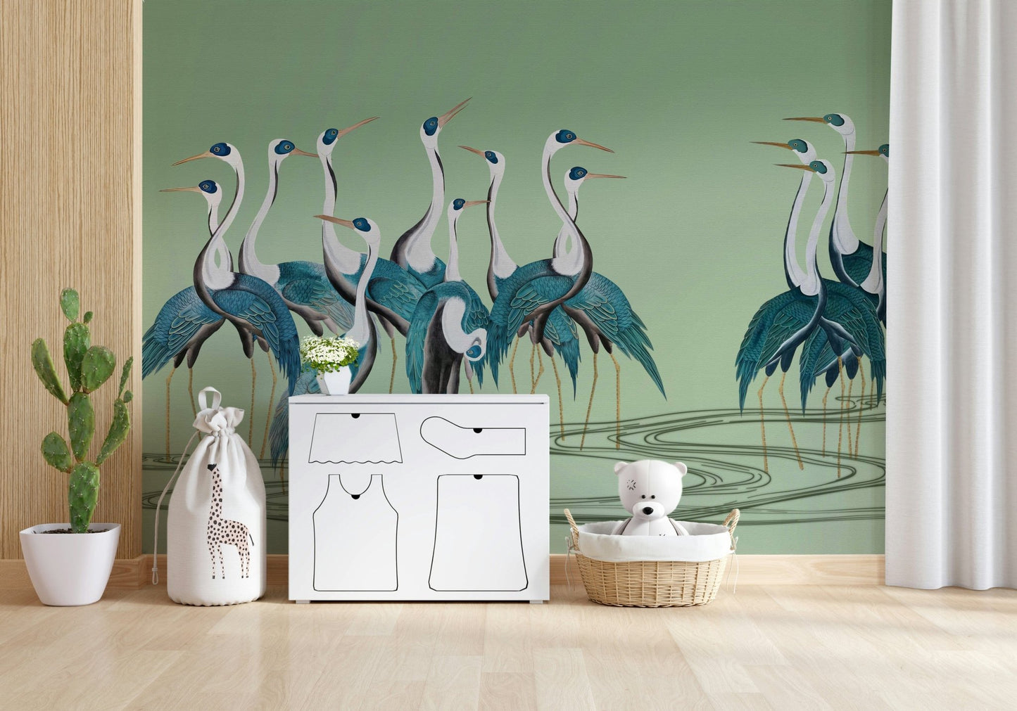 Crane Chorus wallpaper used in a high-ceiling entryway for a classic look.