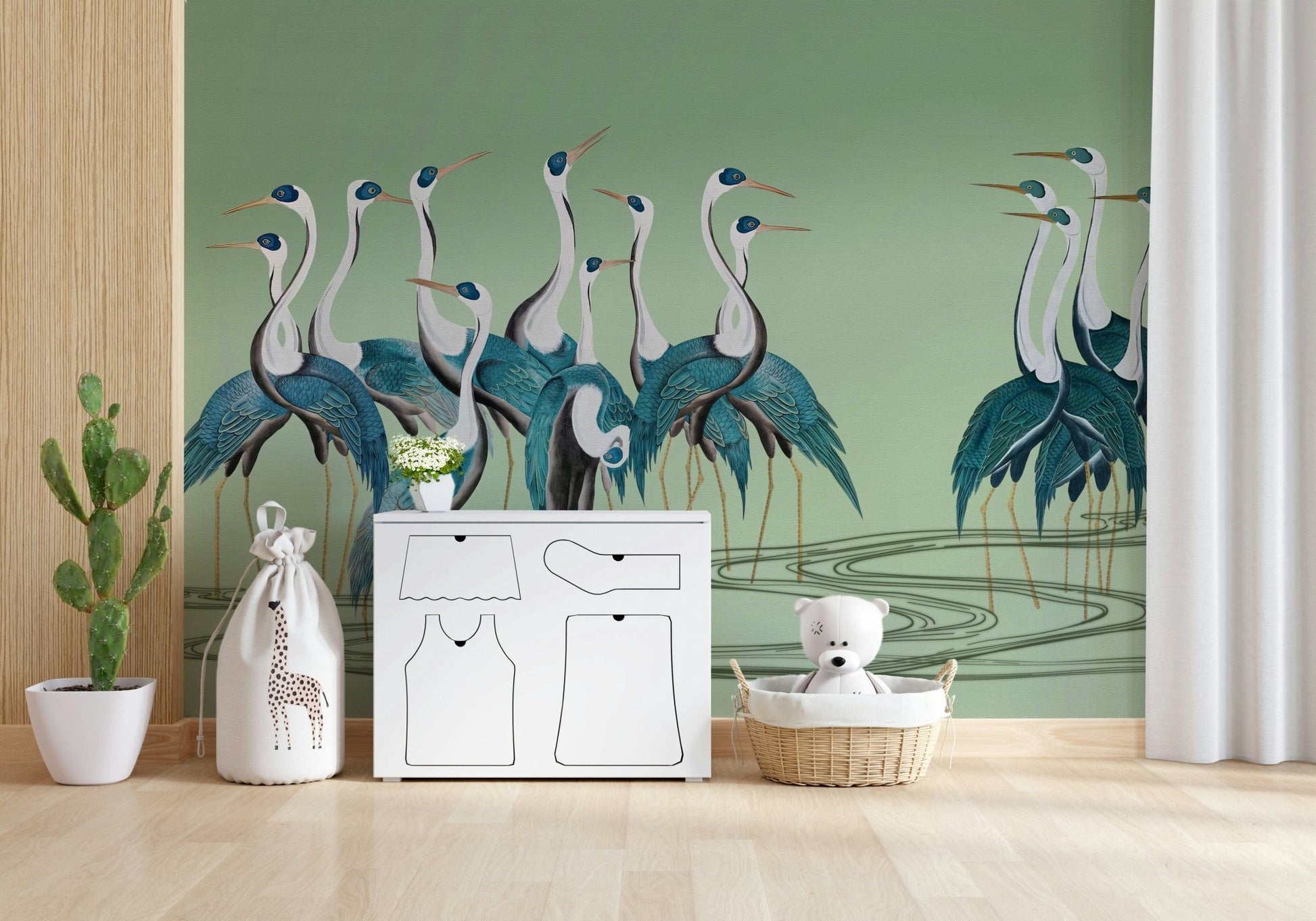Crane Chorus wallpaper used in a high-ceiling entryway for a classic look.