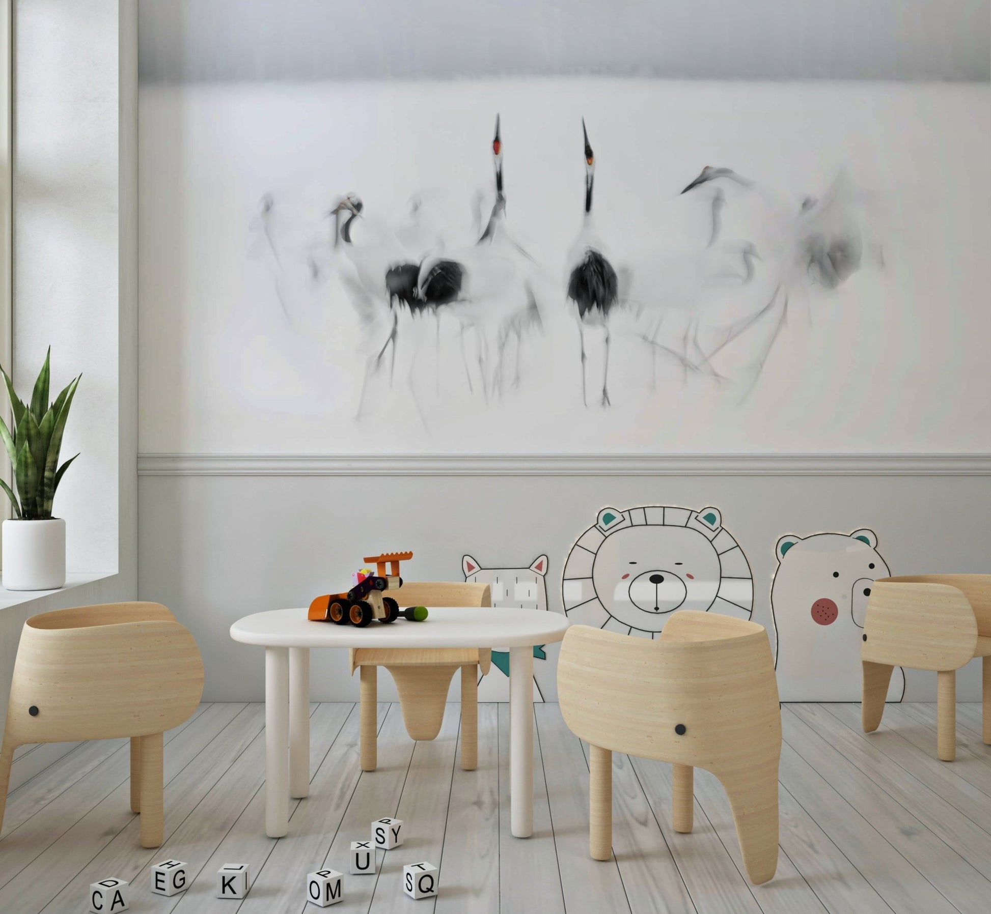 A peaceful modern abstract mural on decorative wallpaper.