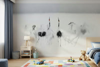 An artistic soft focus aviary mural on minimalist wallpaper.