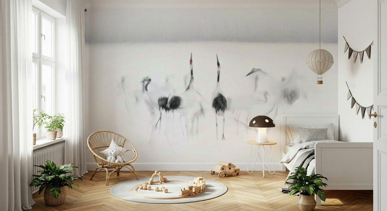A beautiful crane dance wallpaper mural with graceful birds on a white background.