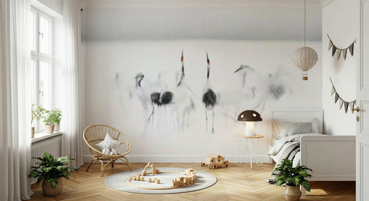 A beautiful crane dance wallpaper mural with graceful birds on a white background.