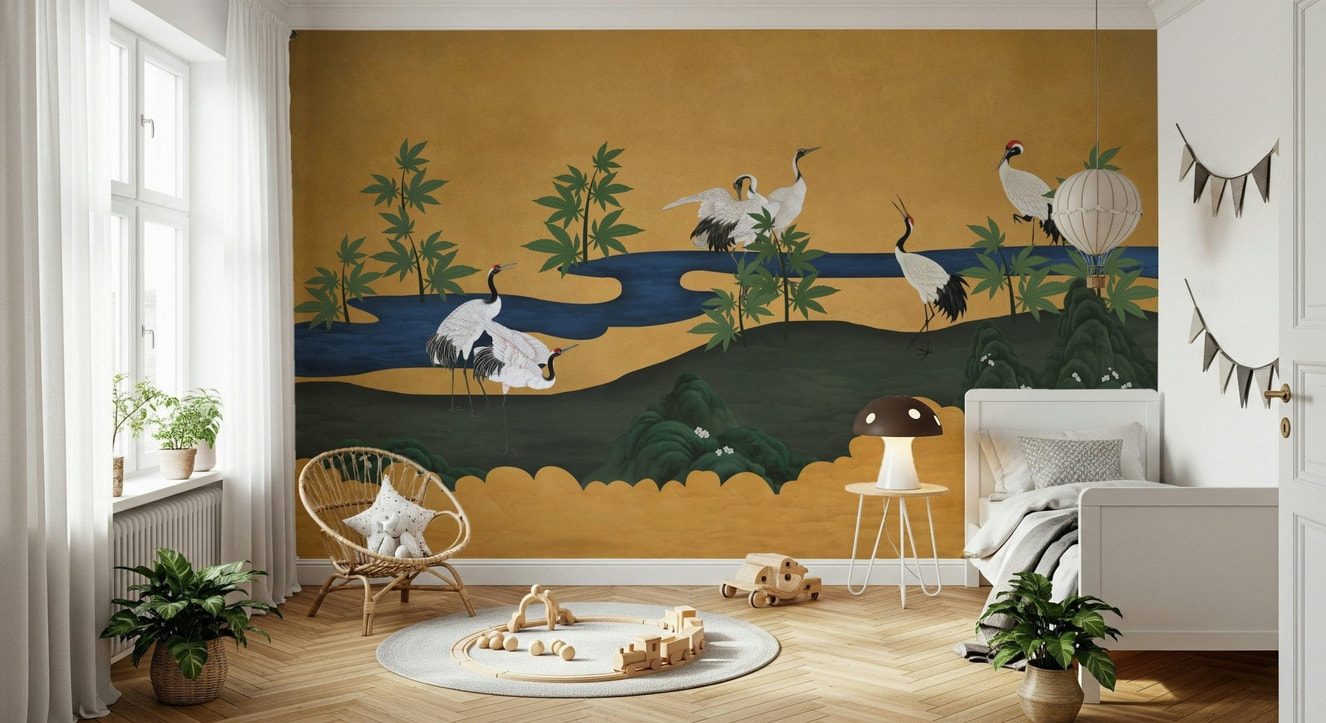 Crane Haven wall mural in a modern living room with neutral tones.