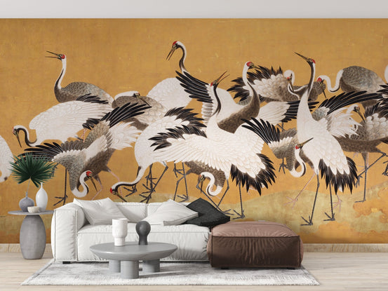 Golden mural of cranes for luxury wall decor MB03
